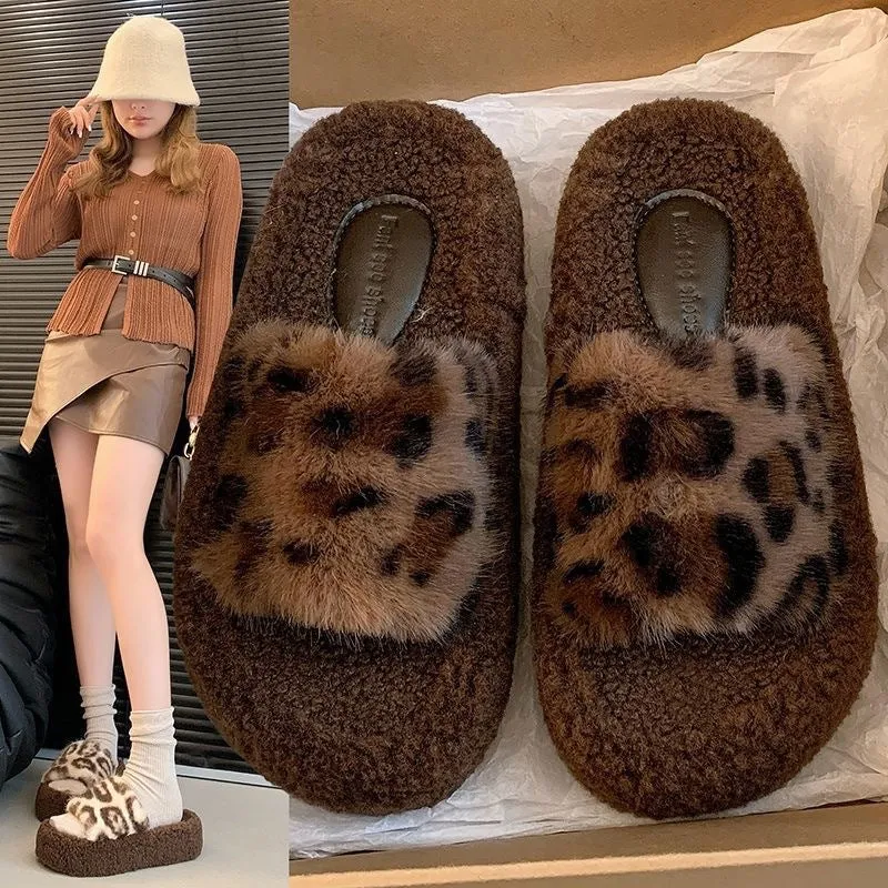 Leopard Print Thick-soled Furry Slippers for Women, Fashionable Home Warm Furry Slippers for Autumn and Winter C-241120-1