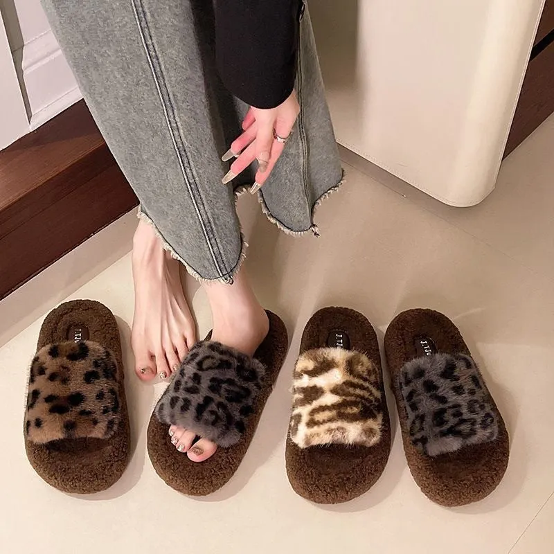 Leopard Print Thick-soled Furry Slippers for Women, Fashionable Home Warm Furry Slippers for Autumn and Winter C-241120-1