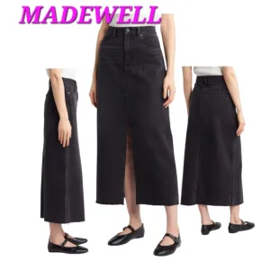 Madewell Black Raw Hem Mid Rise Denim Midi Skirt