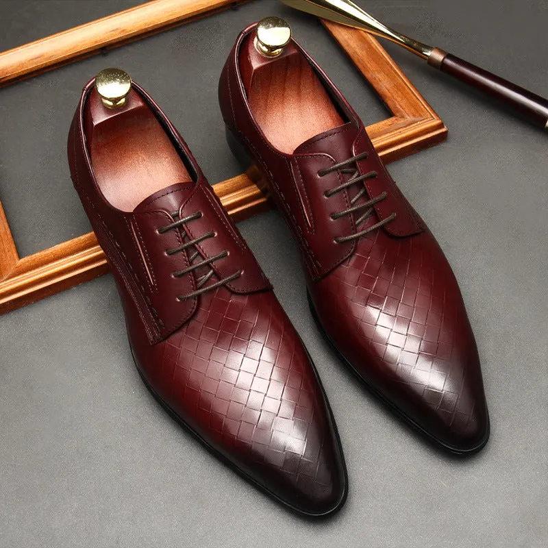 Men's Leather Shoes With Embossed Stone Pattern Laced Cowhide