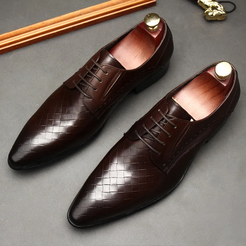 Men's Leather Shoes With Embossed Stone Pattern Laced Cowhide