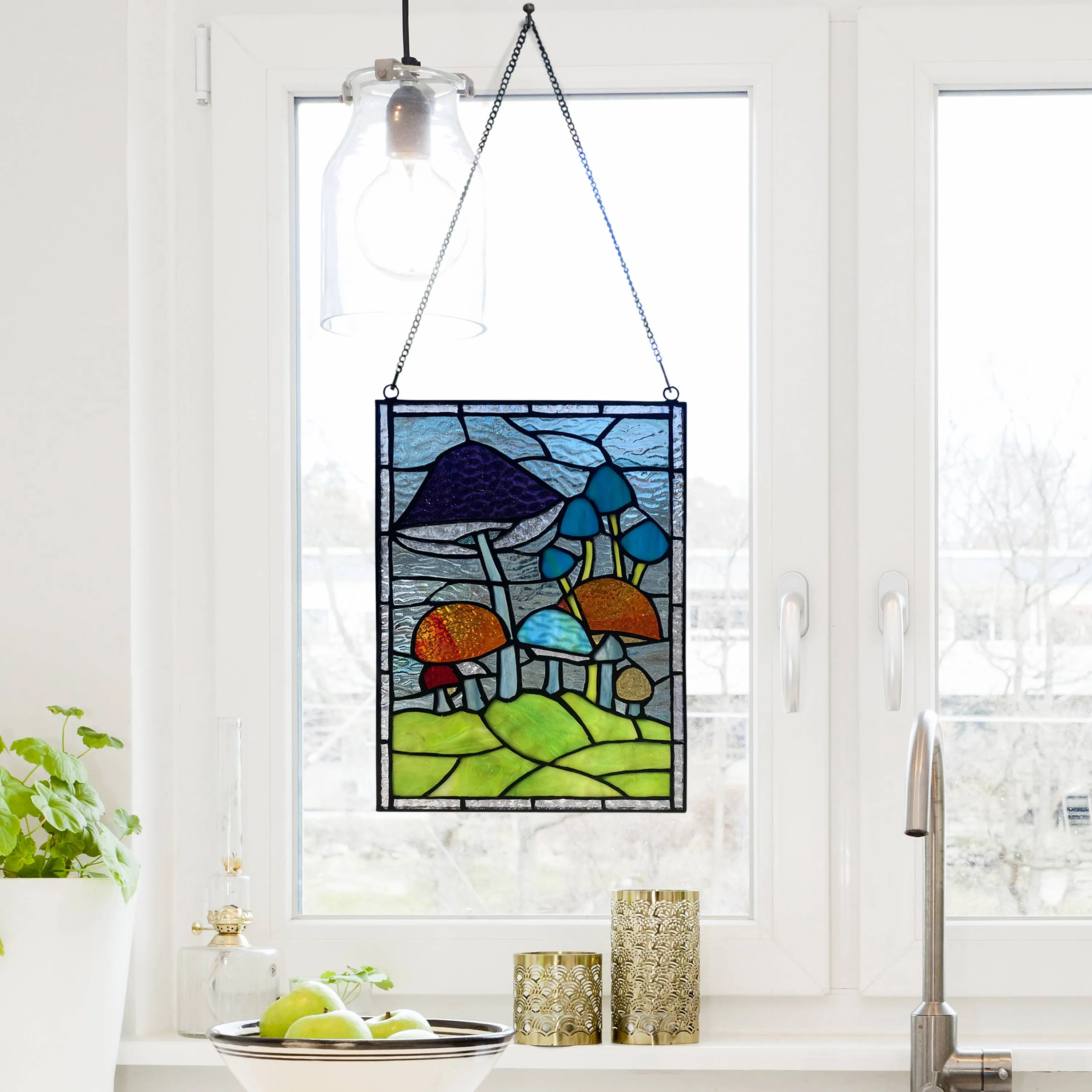 Mushrooms Stained Glass Window Panel- 11.5"H
