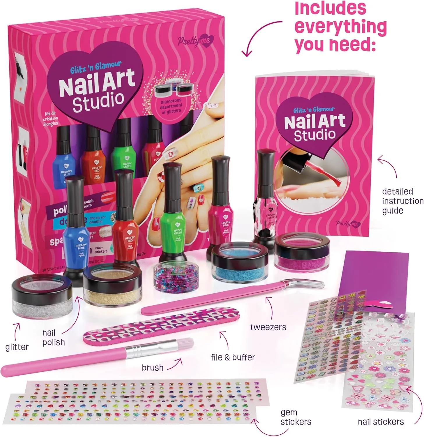 Nail Art Studio for Girls - Nail Polish Kit for Kids Ages 7-12 Years Old - Gifts Ideas - Gilrs Nails Gift Set - Cool Girly Stuff - Polish, Pens, Glitter, Stickers, Gems, Filer - 8 to 12 Year