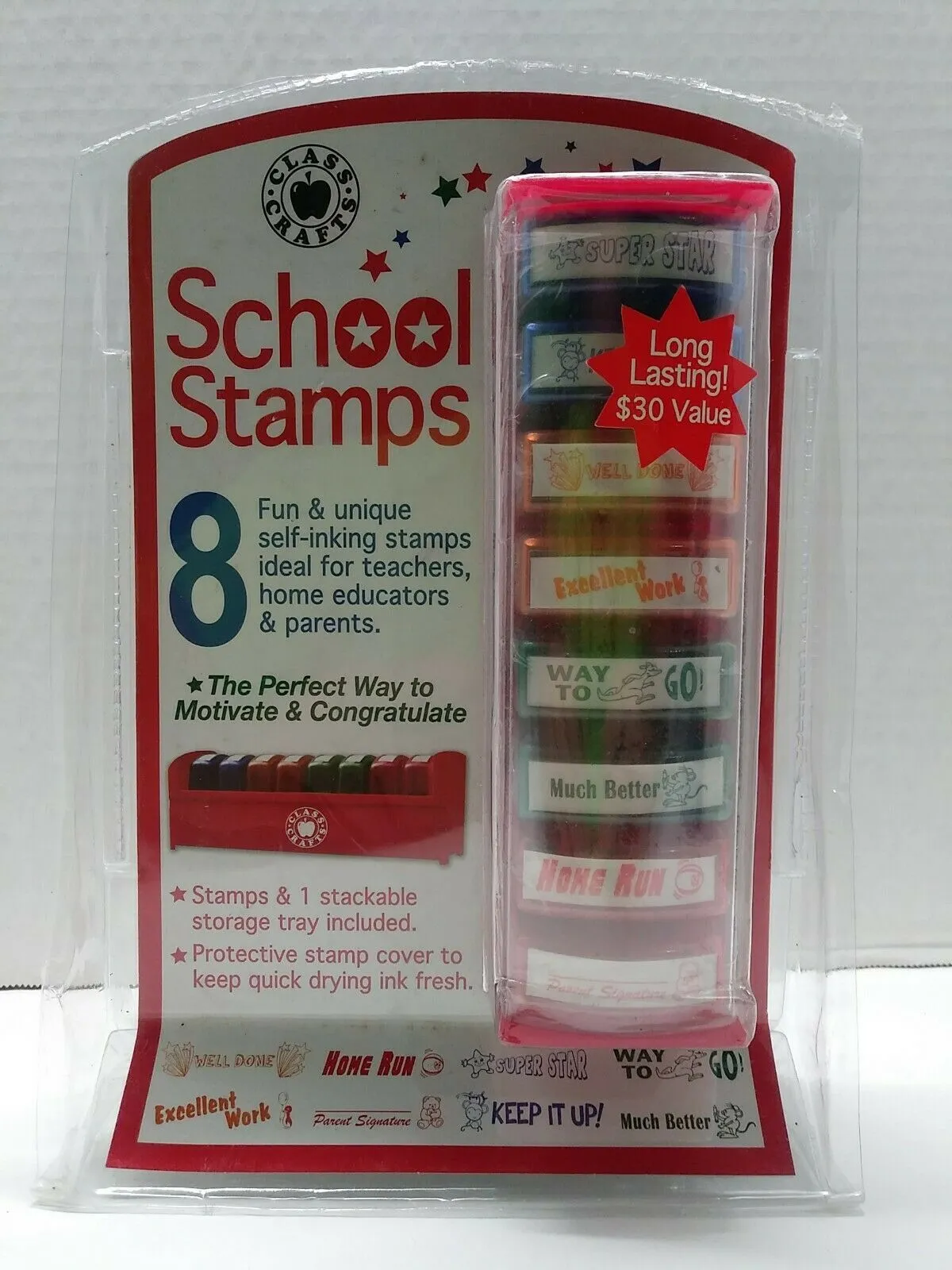 New in package! 8Pcs Teacher Stamps for Classroom! Self-inking with Protective Stamp cover & Tray! Stamps good for more than 20,000 impressions!