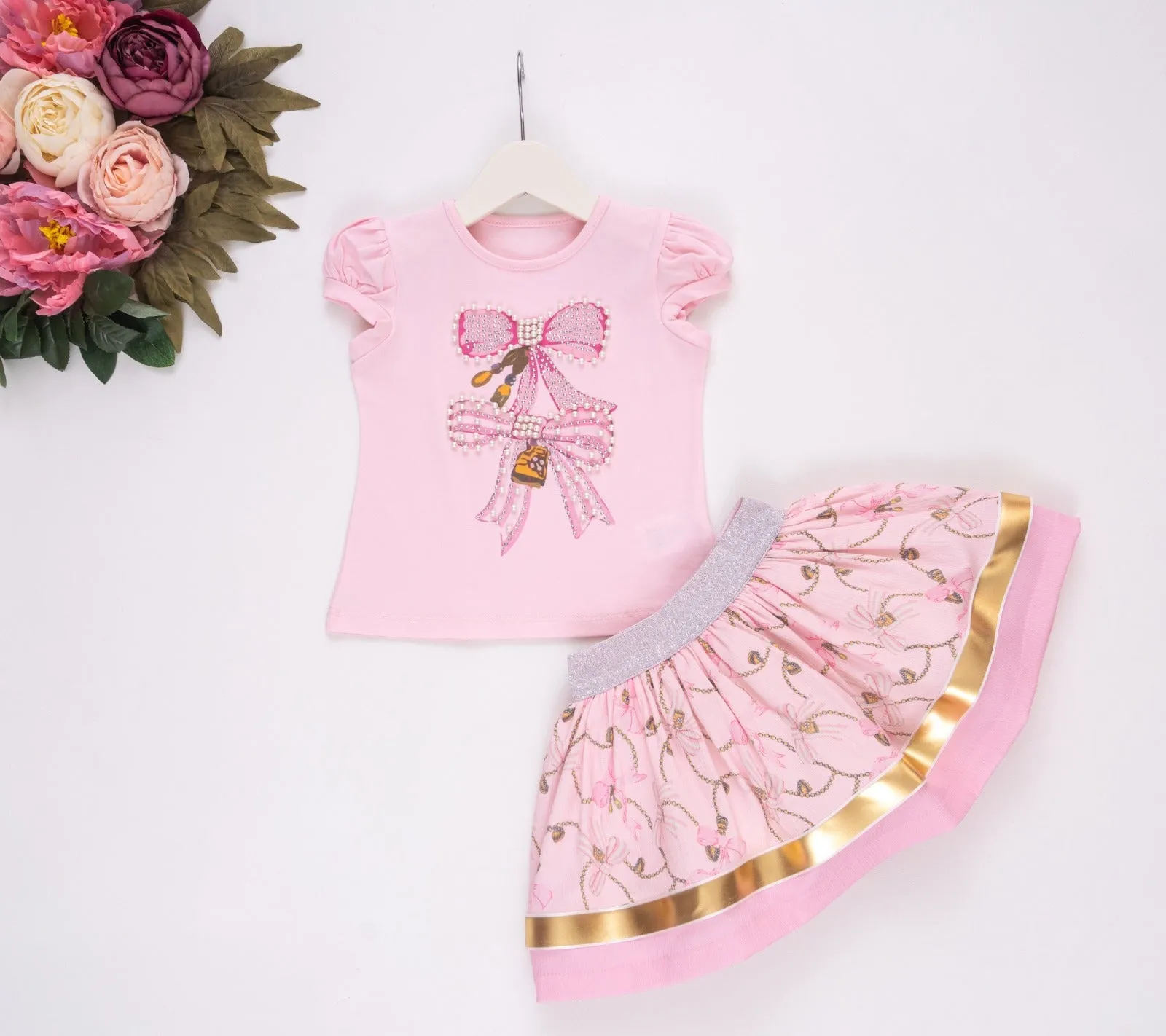 NEW SS25 Neon kid Bow Skirt Set PINK
