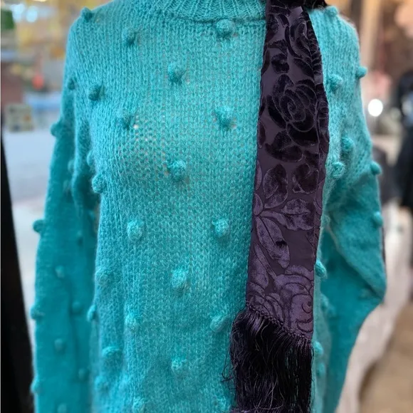 NWT Sweater made in Italy 30% kid mohair popcorn knit -fits XS S aqua turquoise