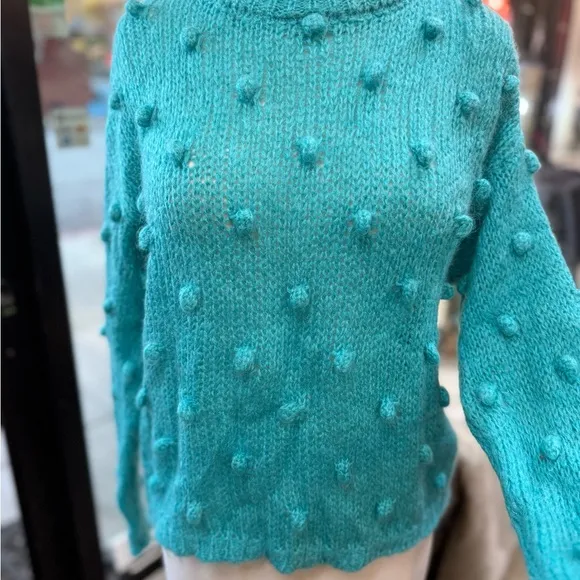NWT Sweater made in Italy 30% kid mohair popcorn knit -fits XS S aqua turquoise