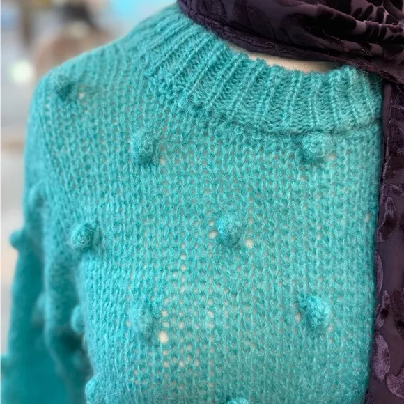 NWT Sweater made in Italy 30% kid mohair popcorn knit -fits XS S aqua turquoise