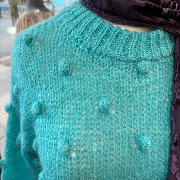 NWT Sweater made in Italy 30% kid mohair popcorn knit -fits XS S aqua turquoise
