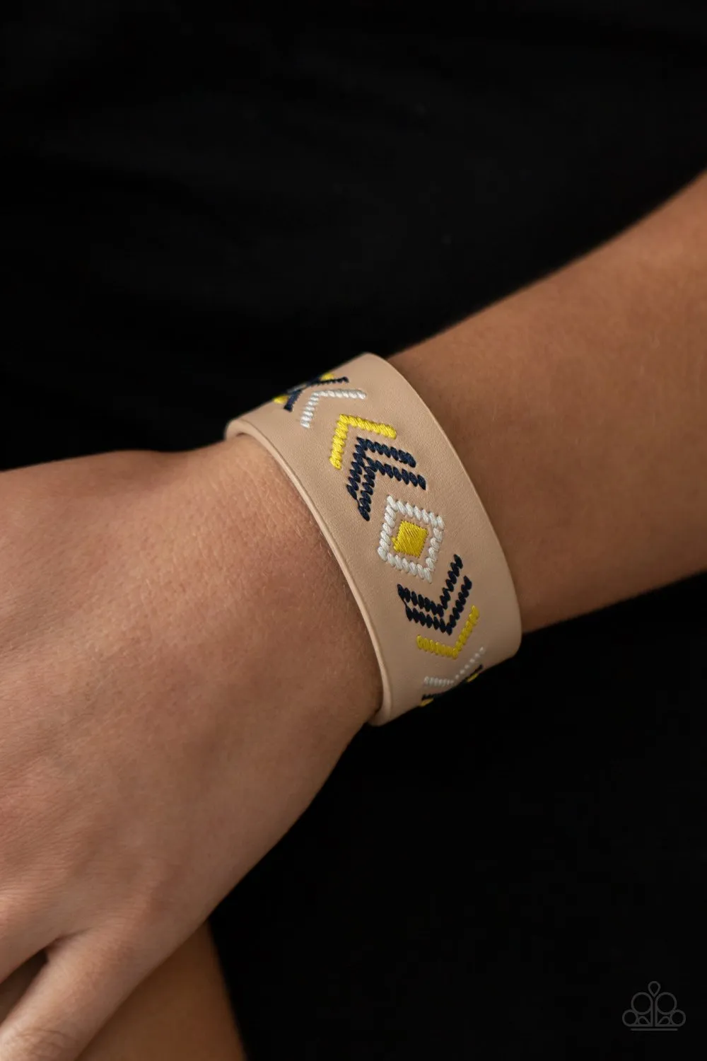 Paparazzi " Cliff Glyphs " Beige Leather & Multi Color Embossed Accent Snap Bracelet