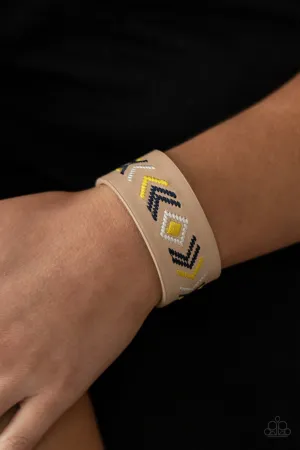 Paparazzi " Cliff Glyphs " Beige Leather & Multi Color Embossed Accent Snap Bracelet