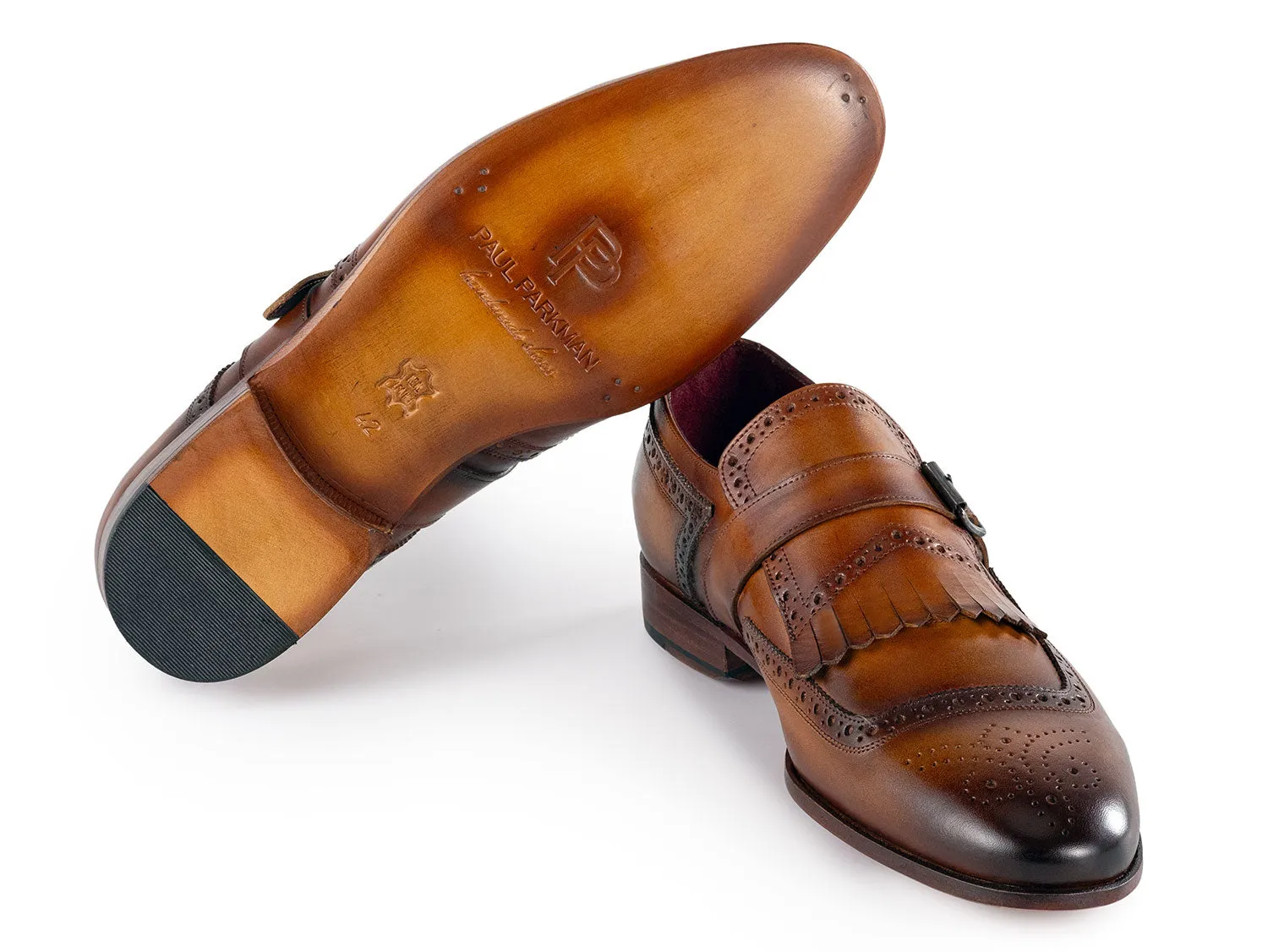 Paul Parkman Men's Kiltie Monkstrap Leather Shoes in Brown