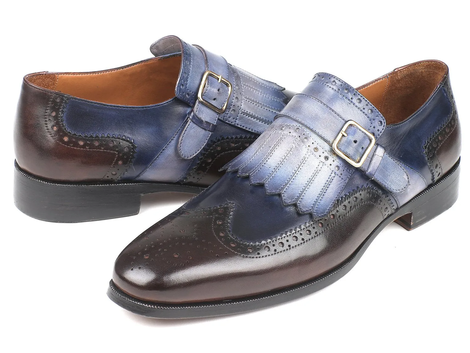 Paul Parkman Men's Kiltie Monkstraps in Blue & Brown