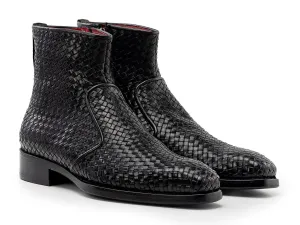 Paul Parkman Woven Leather Goodyear Welted Zipper Boots in Black