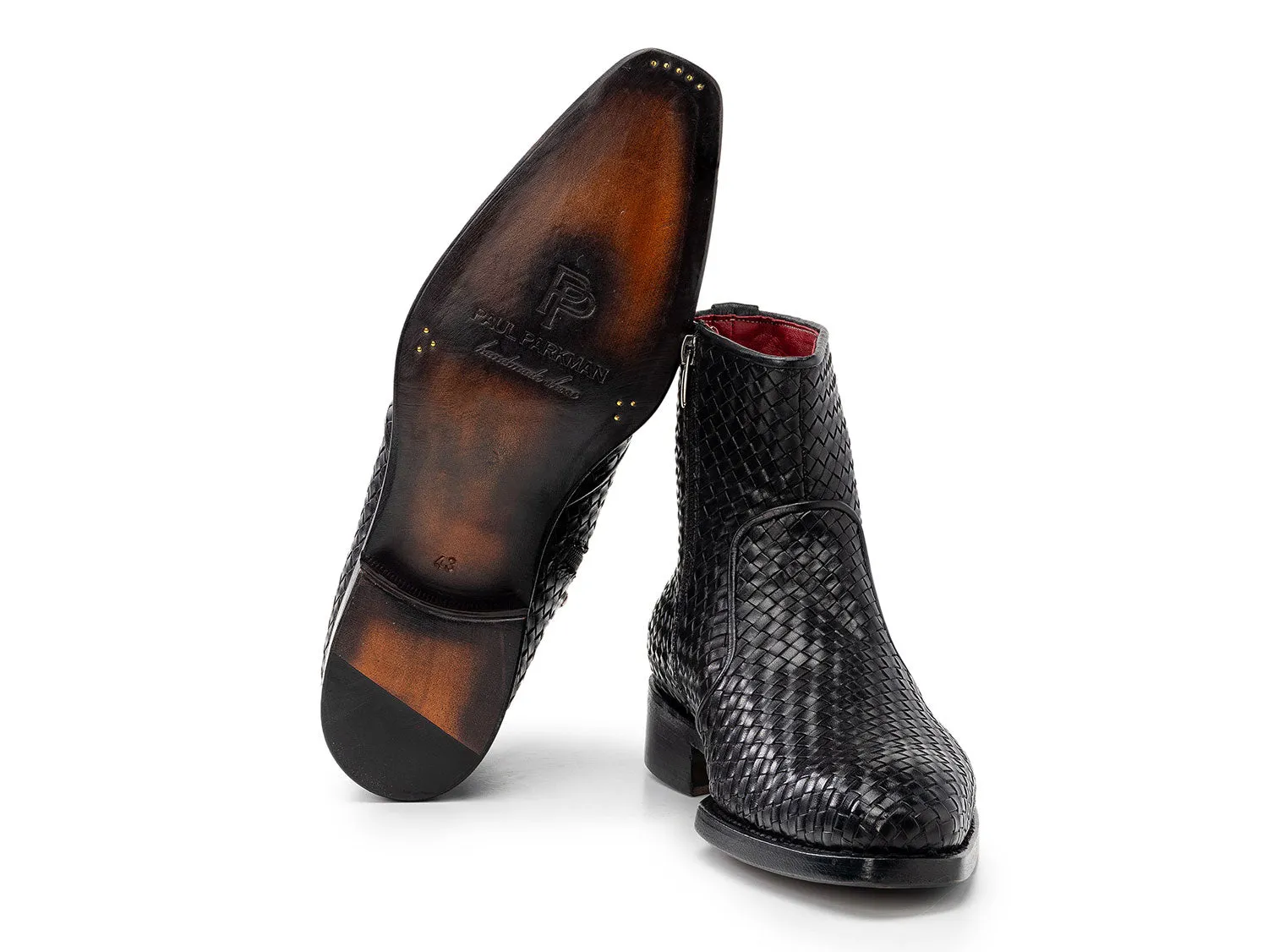 Paul Parkman Woven Leather Goodyear Welted Zipper Boots in Black