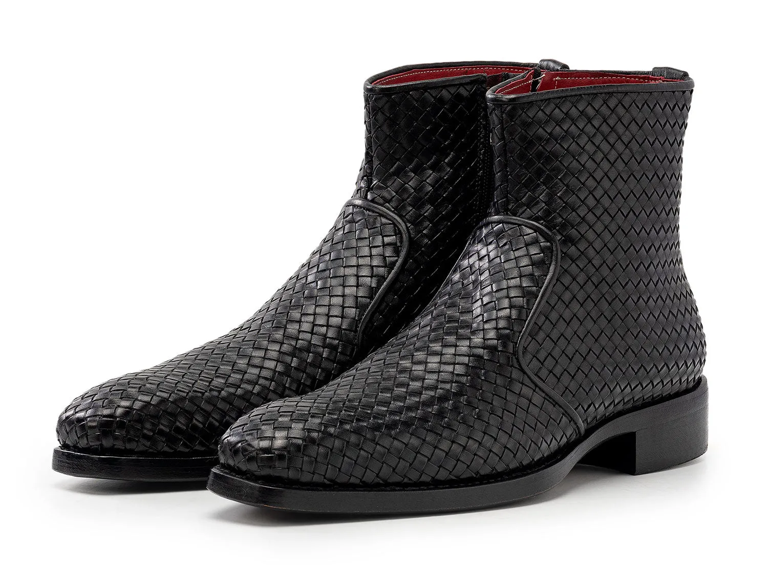 Paul Parkman Woven Leather Goodyear Welted Zipper Boots in Black