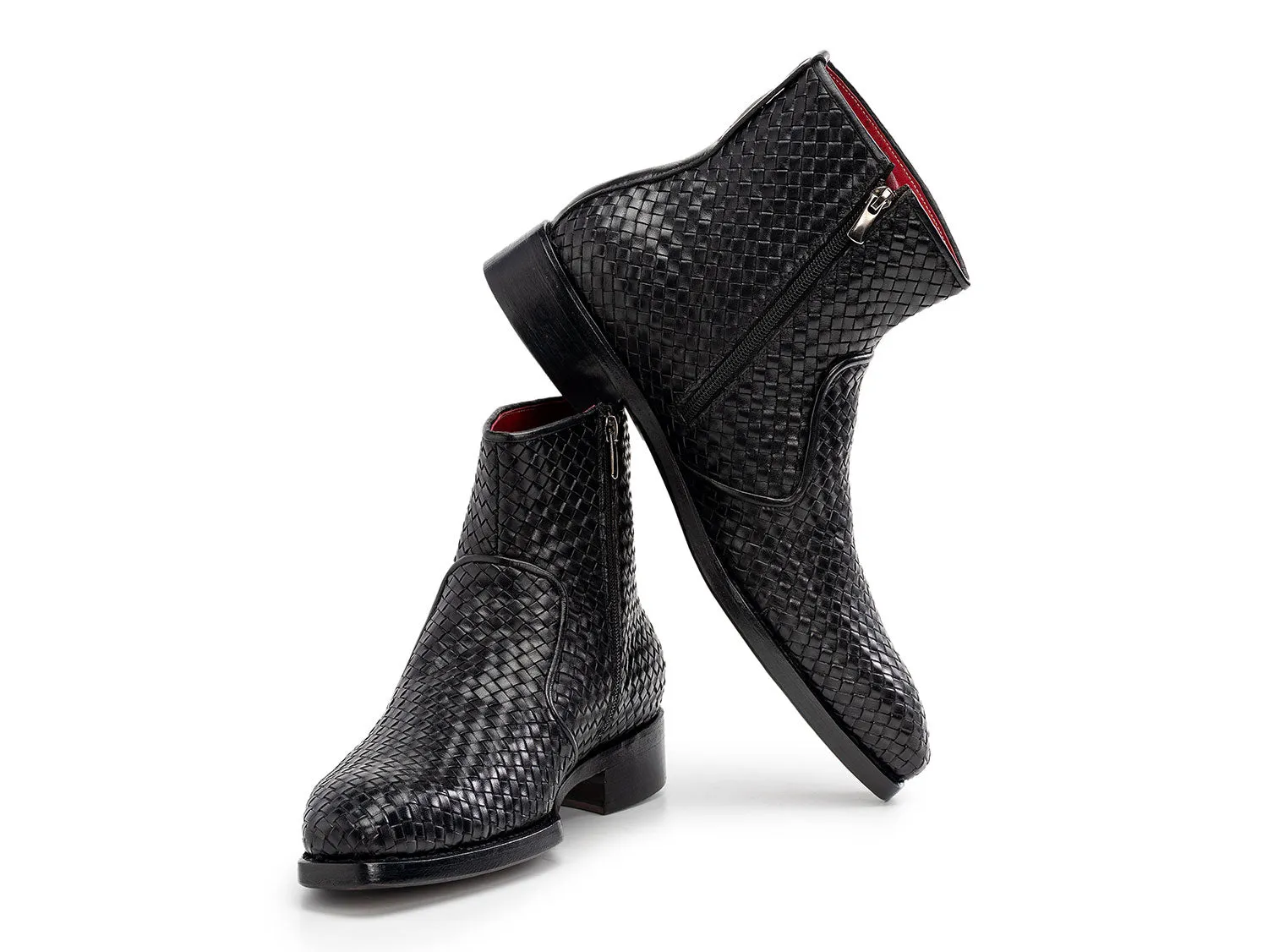 Paul Parkman Woven Leather Goodyear Welted Zipper Boots in Black