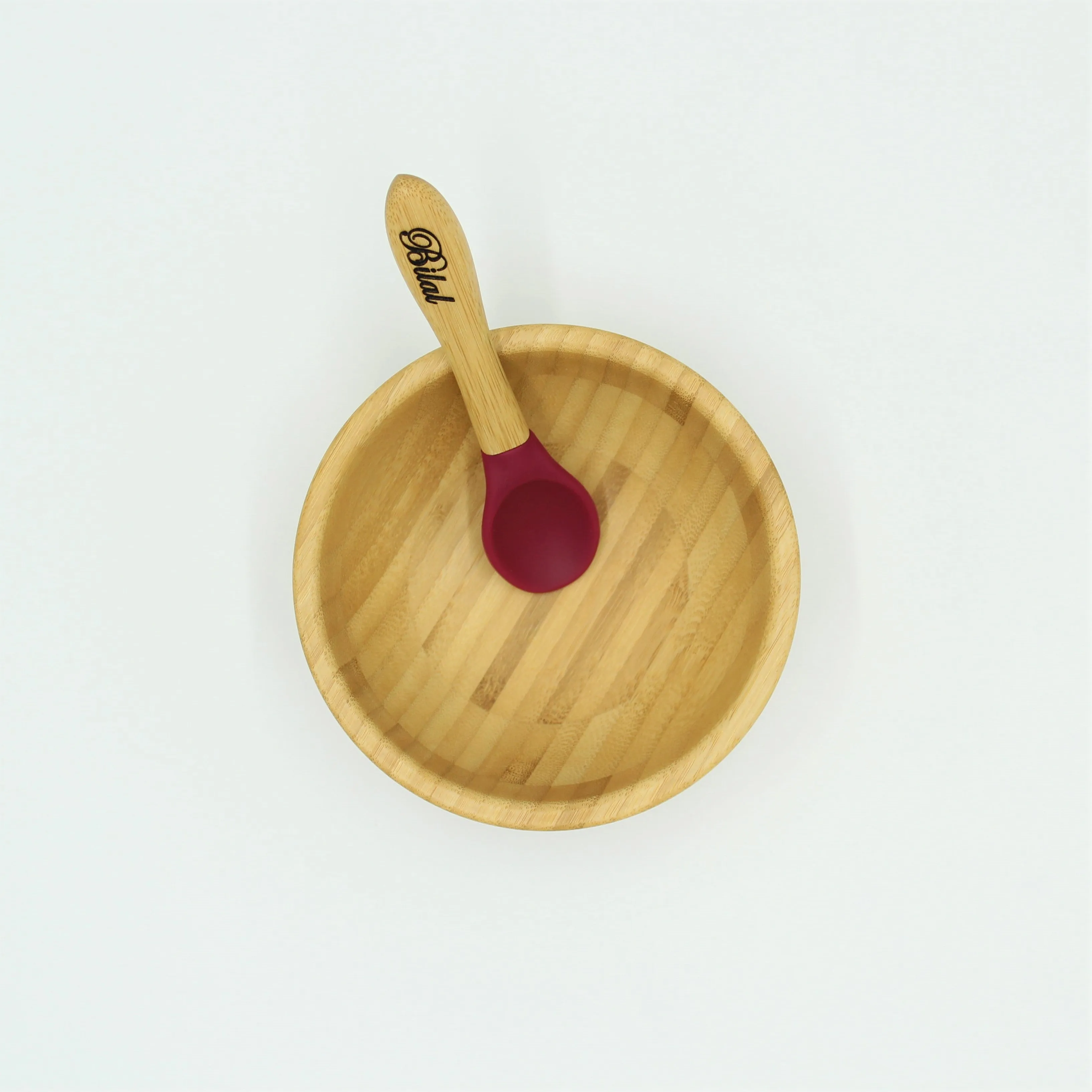 Personalised Wooden Tiny Dining  Bamboo Bowl with suction cup and Spoon- Majenta Red - By Babba Box