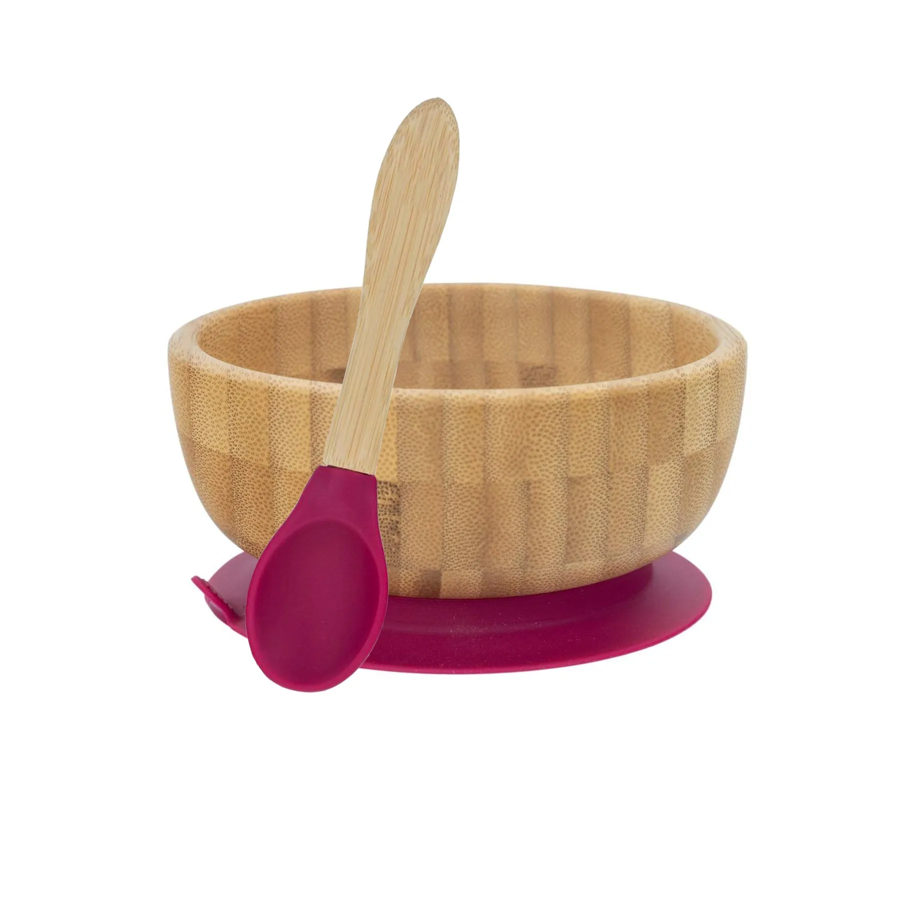 Personalised Wooden Tiny Dining  Bamboo Bowl with suction cup and Spoon- Majenta Red - By Babba Box
