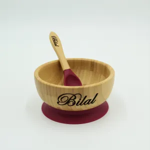 Personalised Wooden Tiny Dining  Bamboo Bowl with suction cup and Spoon- Majenta Red - By Babba Box