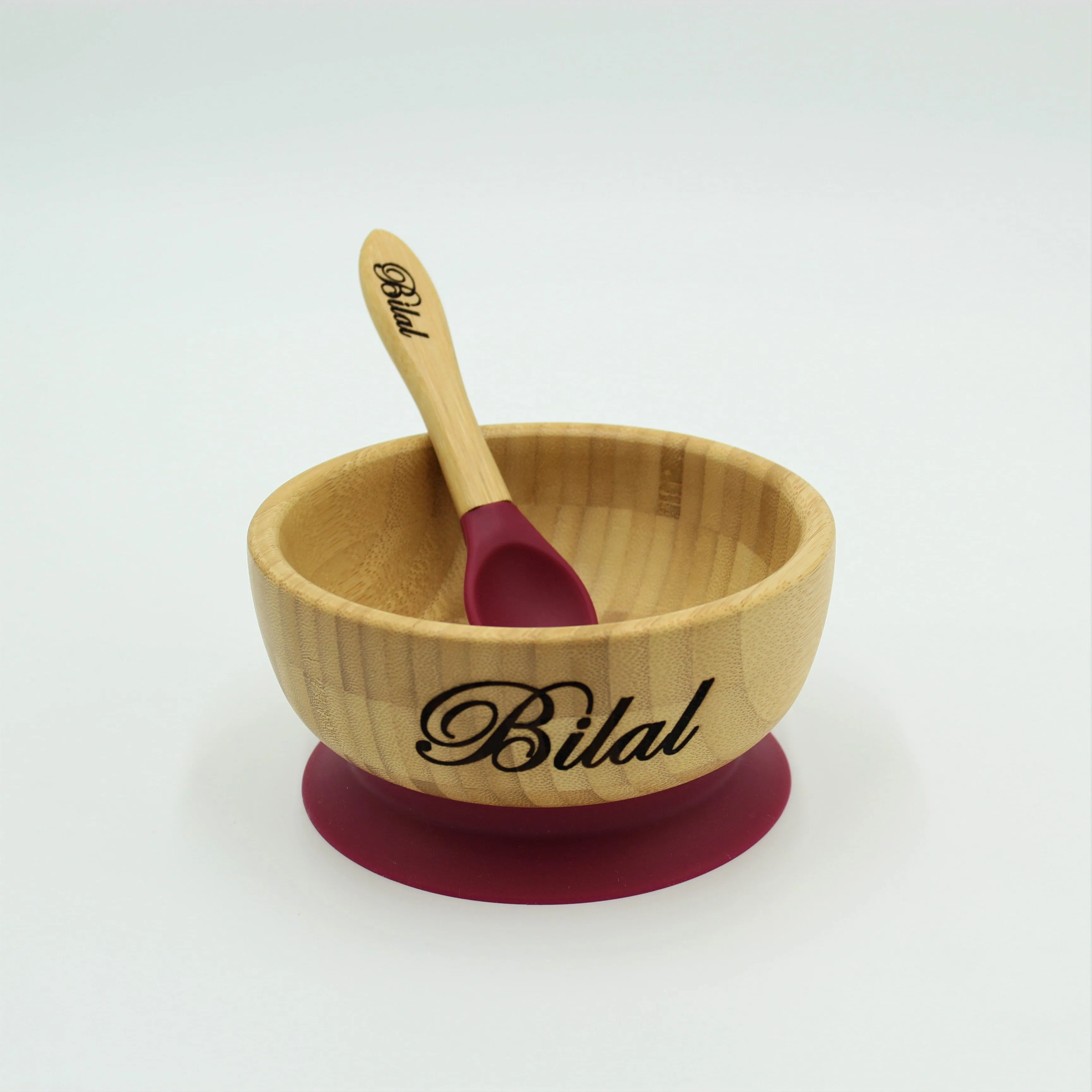 Personalised Wooden Tiny Dining  Bamboo Bowl with suction cup and Spoon- Majenta Red - By Babba Box