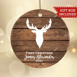 Personalized My First Christmas Ornament - Rustic Wood Deer Head