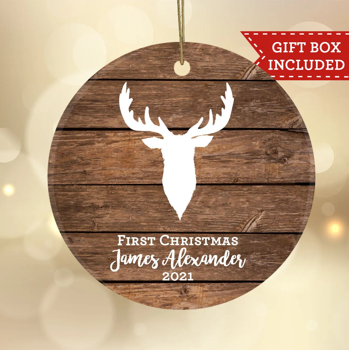 Personalized My First Christmas Ornament - Rustic Wood Deer Head
