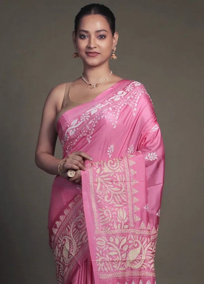 Pink Kantha Stitch Silk Saree With Blouse Piece
