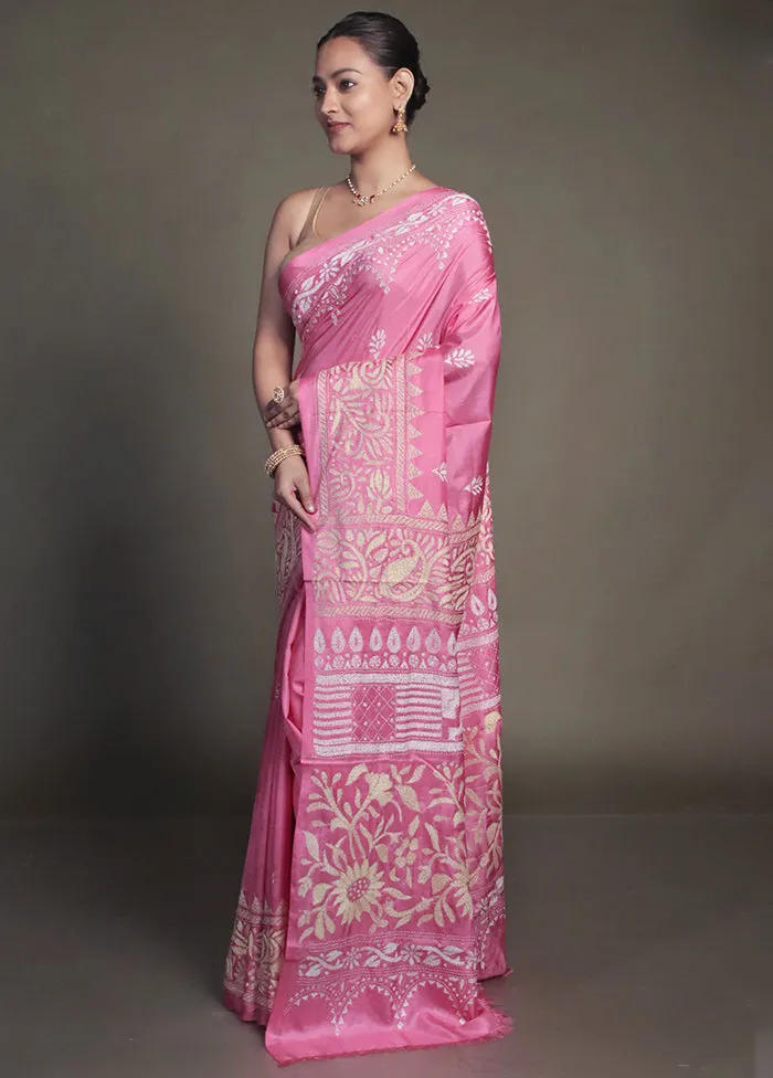 Pink Kantha Stitch Silk Saree With Blouse Piece