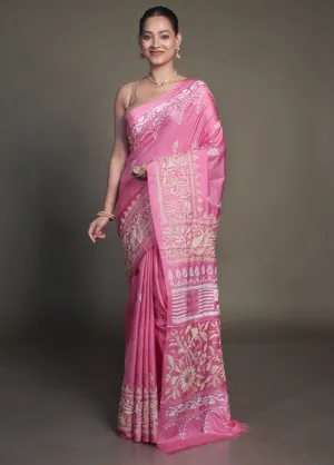 Pink Kantha Stitch Silk Saree With Blouse Piece