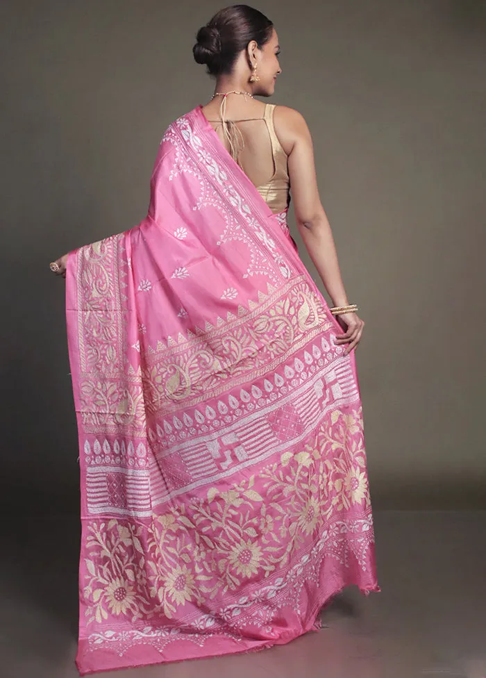 Pink Kantha Stitch Silk Saree With Blouse Piece