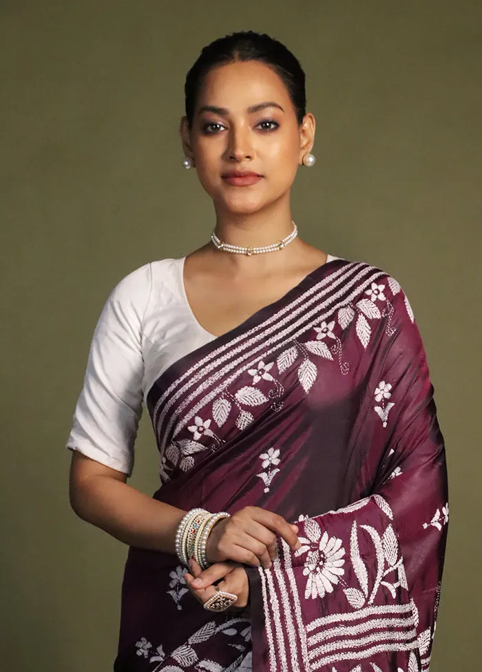 Purple Kantha Stitch Silk Saree With Blouse Piece
