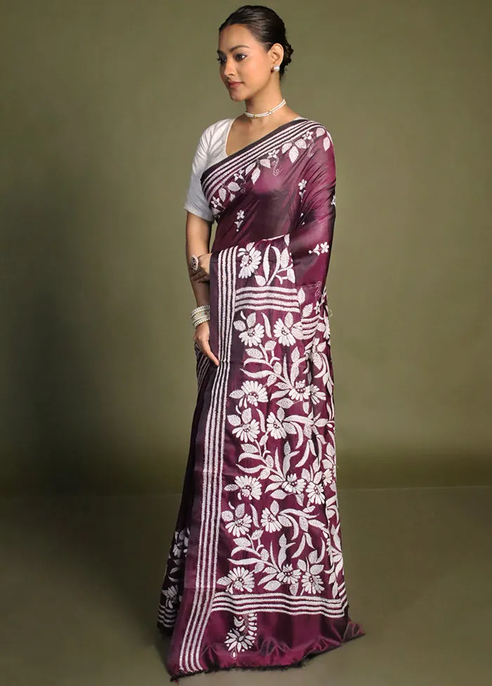 Purple Kantha Stitch Silk Saree With Blouse Piece