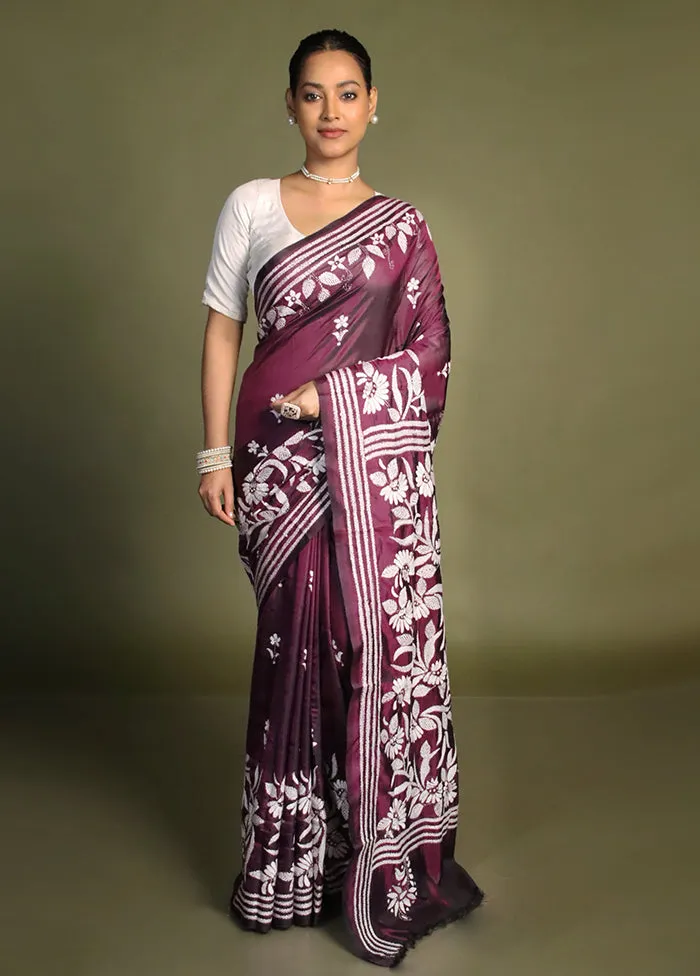 Purple Kantha Stitch Silk Saree With Blouse Piece