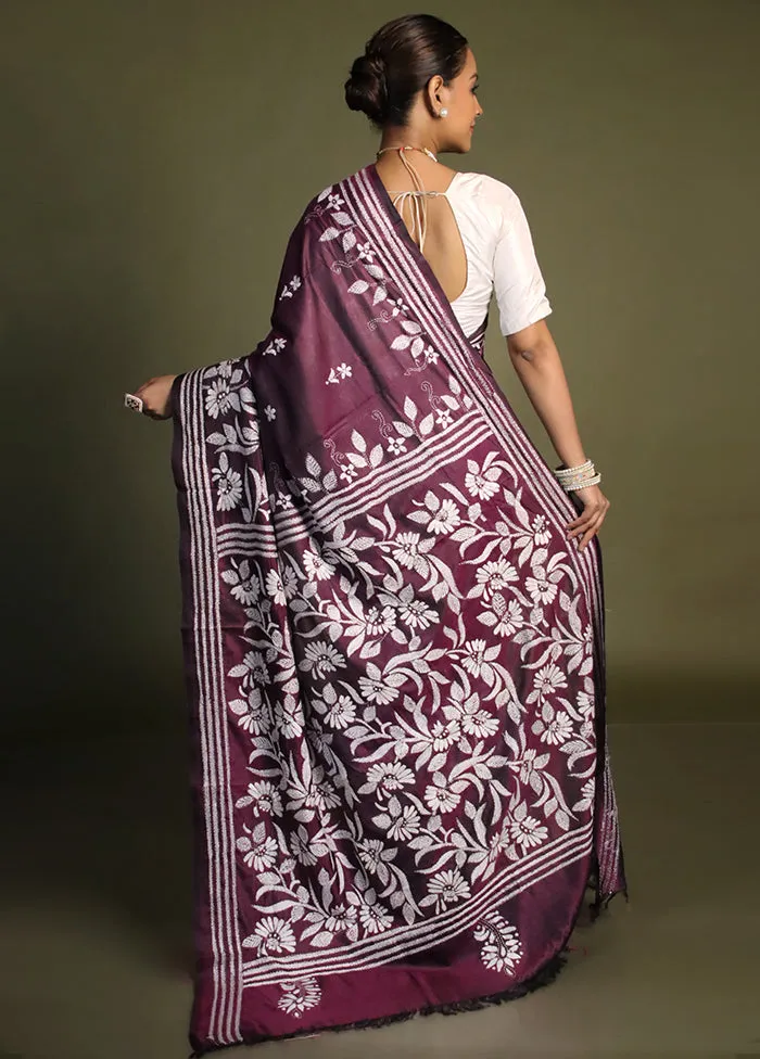 Purple Kantha Stitch Silk Saree With Blouse Piece