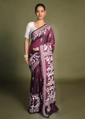 Purple Kantha Stitch Silk Saree With Blouse Piece