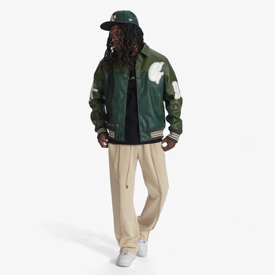 "Abyss" Leather Varsity Jacket (spartan/jungle green/white