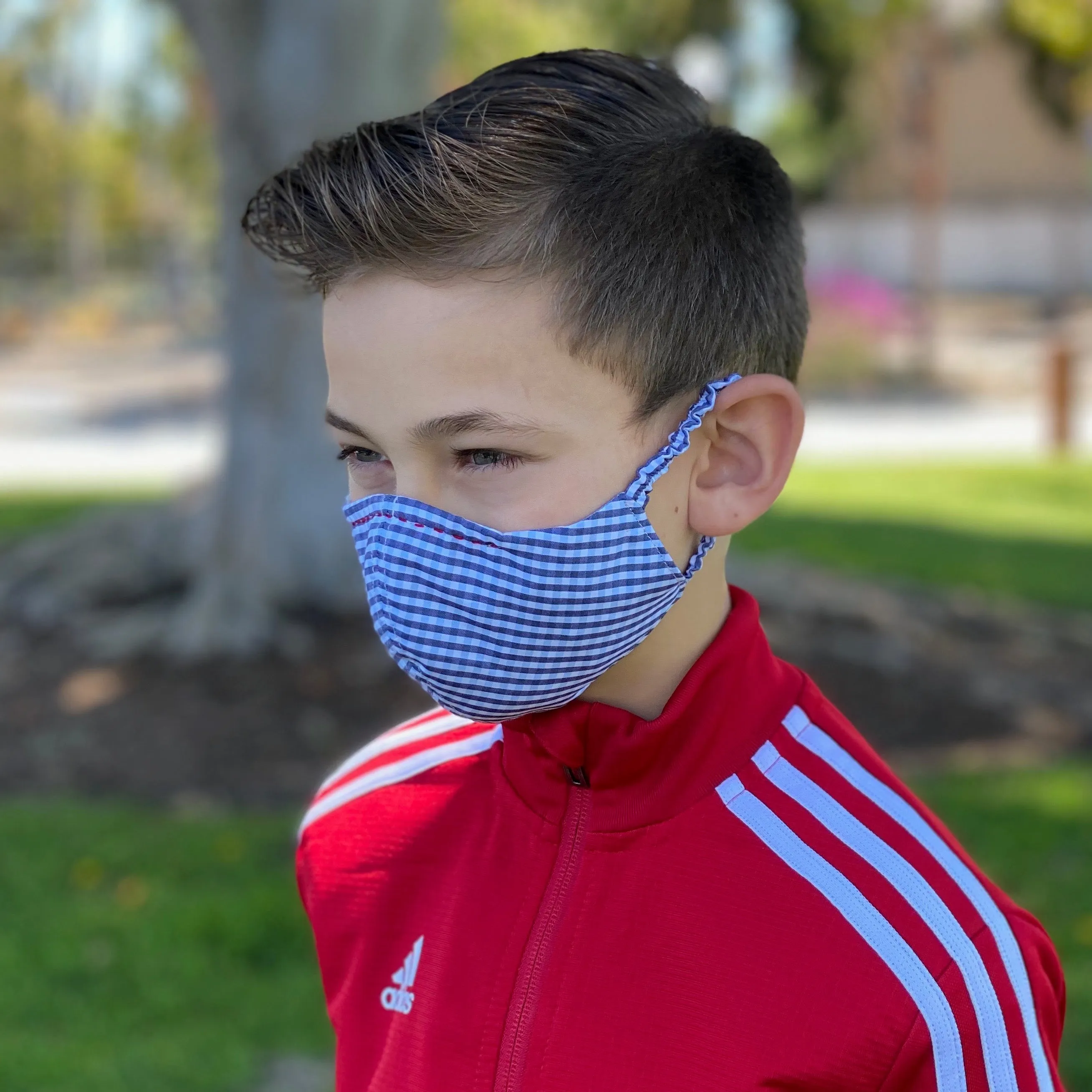 "Be Safe. Be Kind" Printed Heirloom Mask - Blue Checks