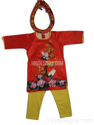Red Ao Dai Apricot Blossom Baby Girl Viet Nam Traditional Long Dress Kid Set - Hoa Mai