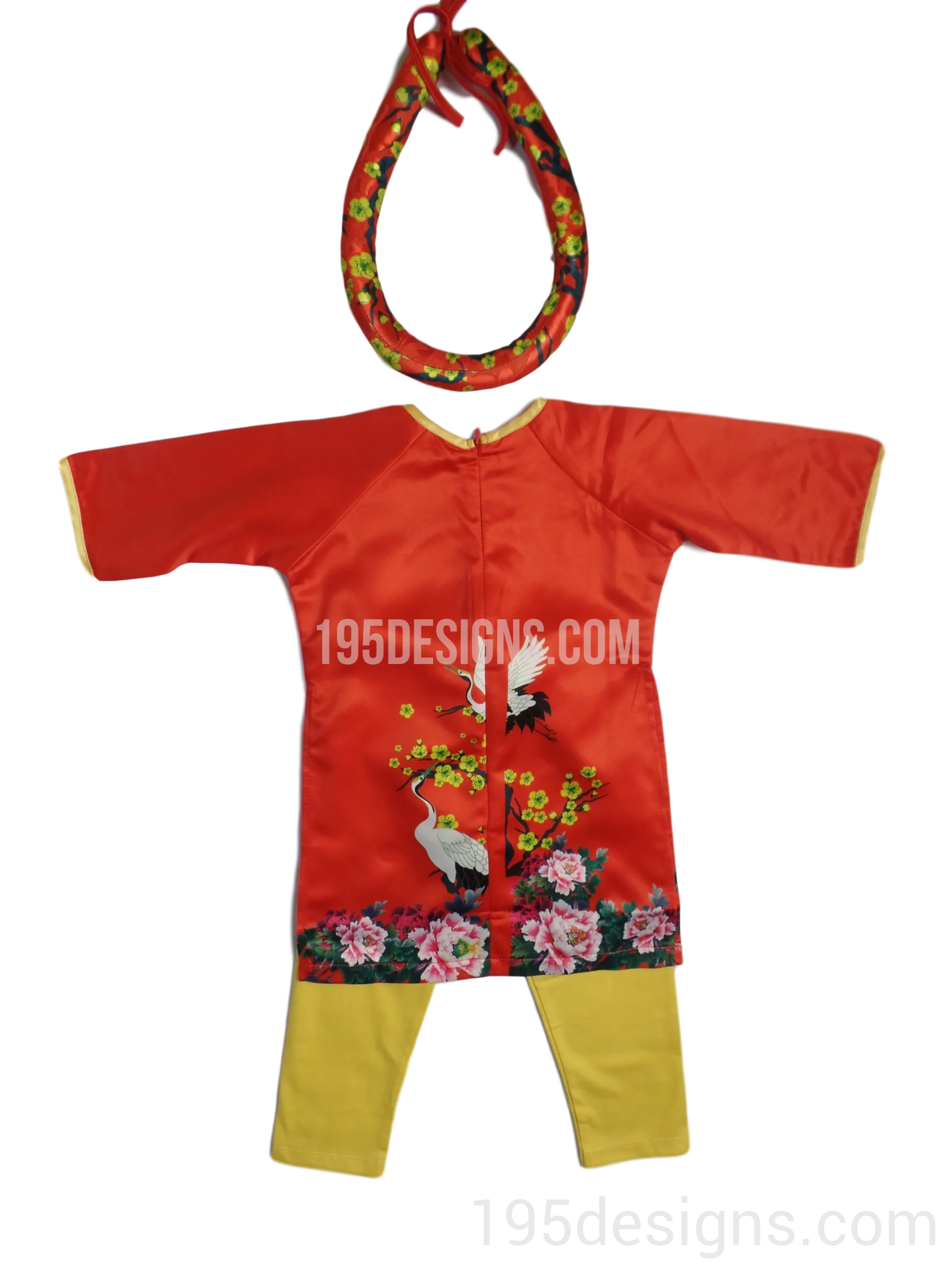 Red Ao Dai Apricot Blossom Baby Girl Viet Nam Traditional Long Dress Kid Set - Hoa Mai