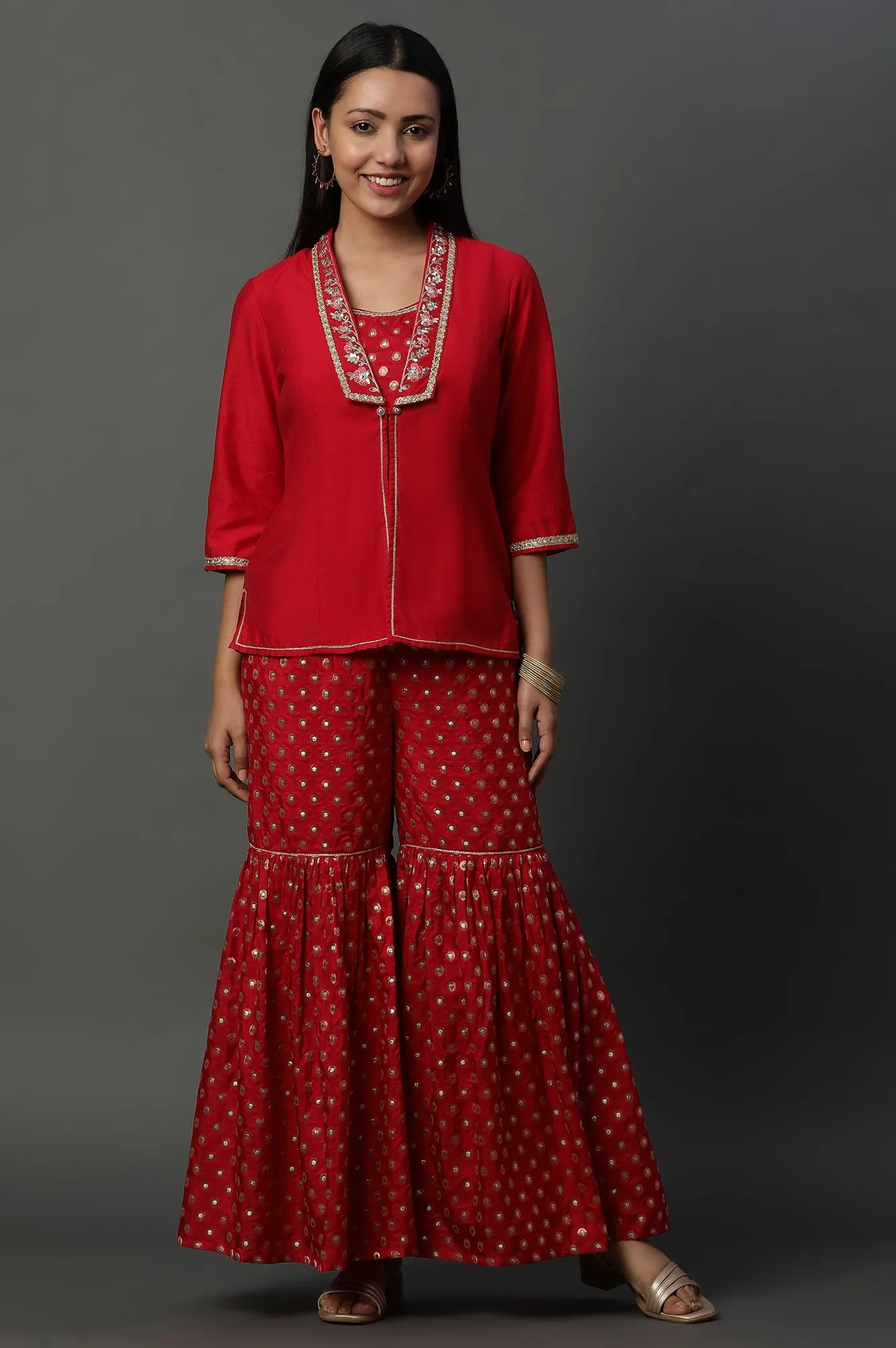 Red Embroidered Jacket, Crop-Top and Sharara Set