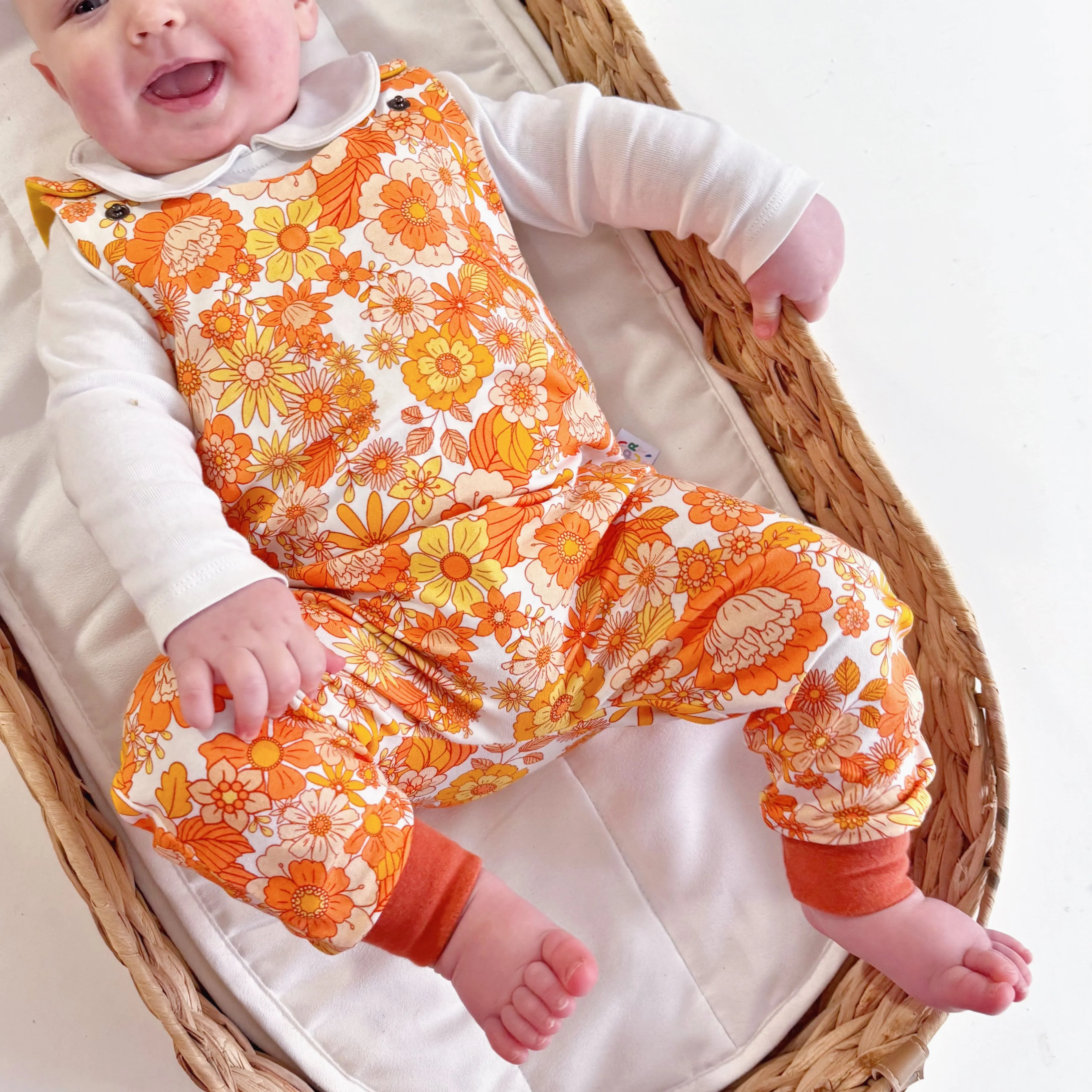 Retro Floral Organic Dungarees | Kids Unisex Romper | Baby Dungarees