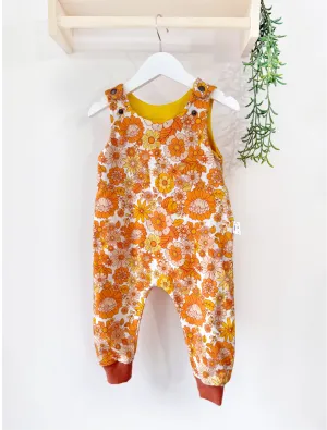 Retro Floral Organic Dungarees | Kids Unisex Romper | Baby Dungarees