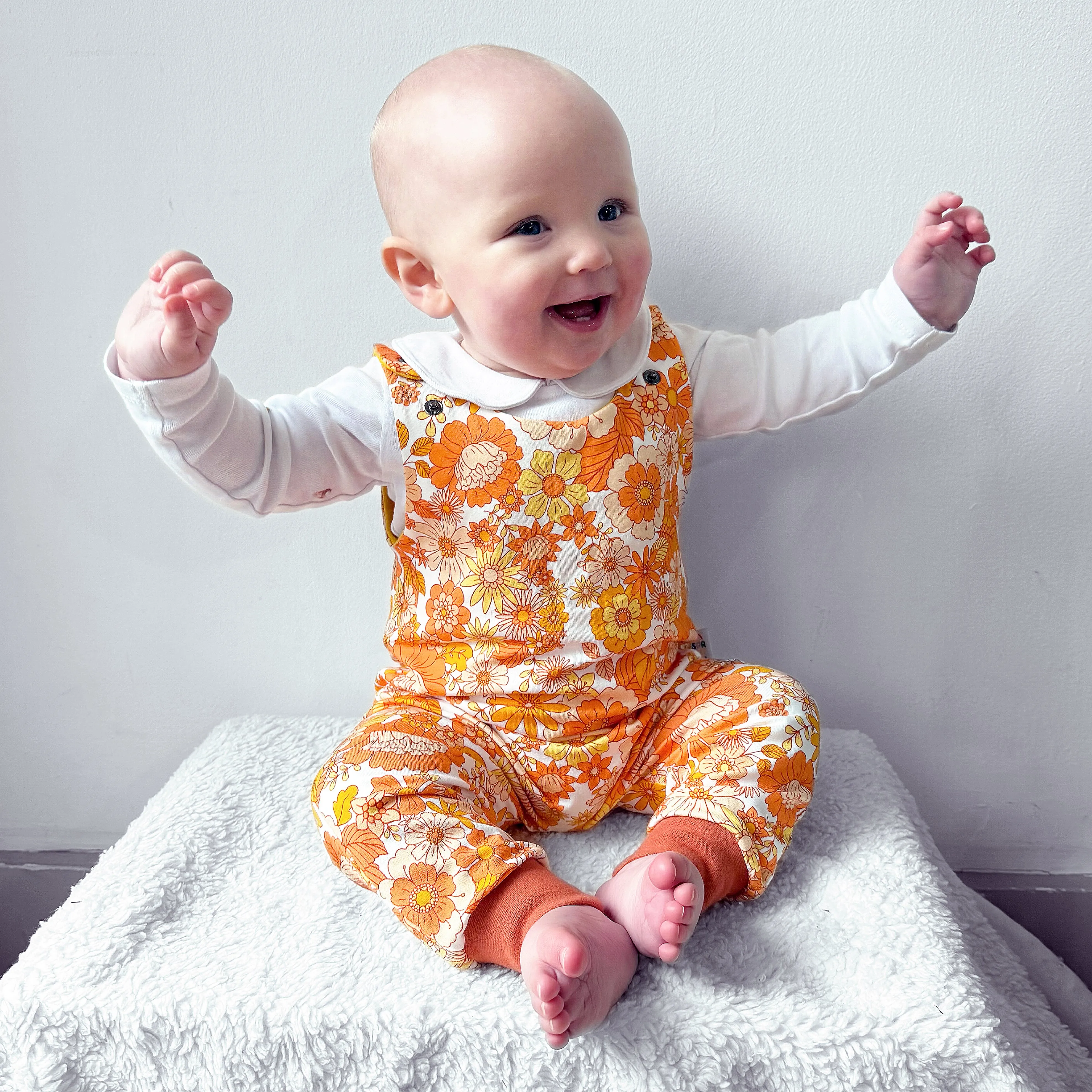 Retro Floral Organic Dungarees | Kids Unisex Romper | Baby Dungarees