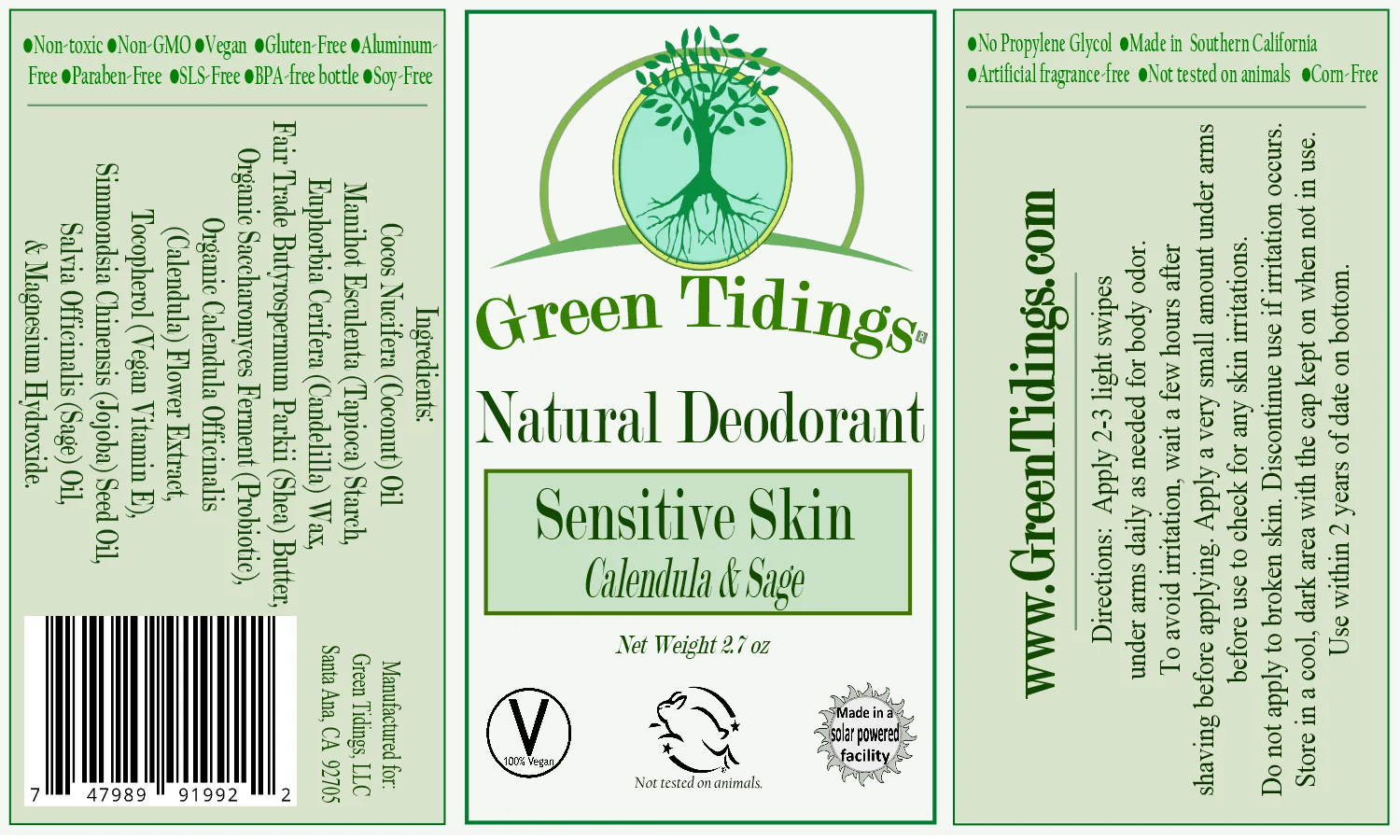 Sensitive Skin Natural Deodorant, Calendula & Sage (1 Ounce) (No Baking Soda)