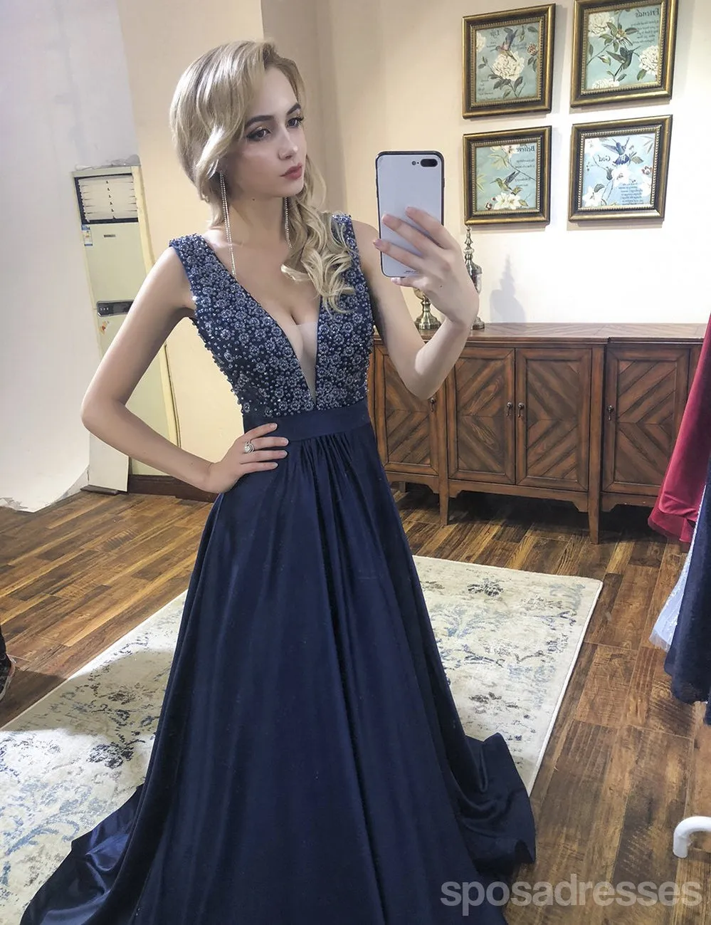 Sexy Blue A-line Straps V-neck Backless Cheap Long Party Prom Dresses Online,12554