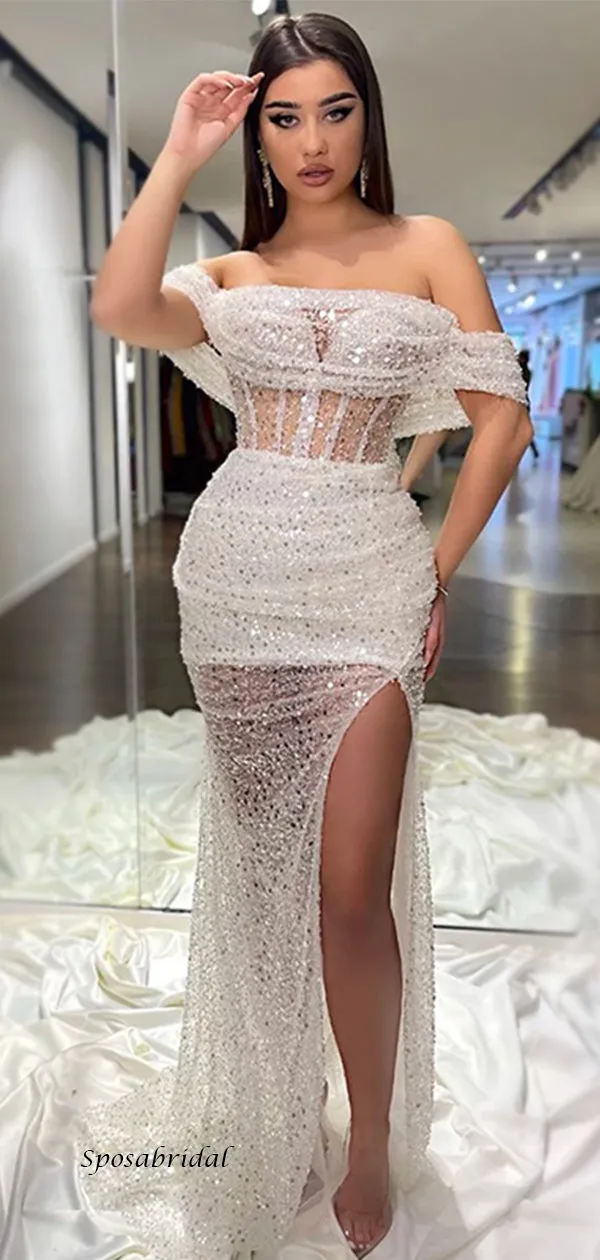 Sexy Sparkly White Off-shoulder Side-slit Mermaid Long Prom Dress, PD3501