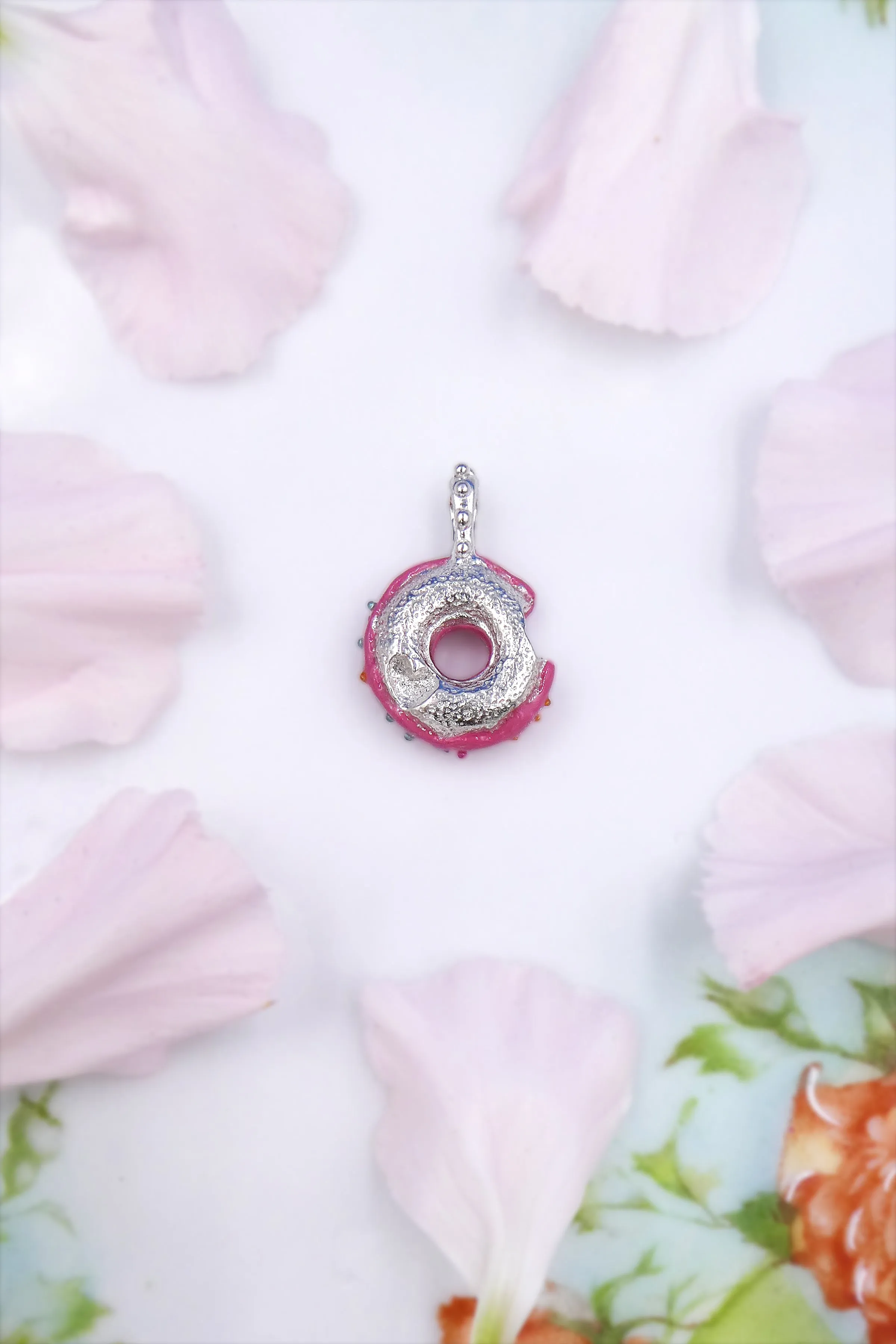 Silver Donut with Rainbow Sprinkles Necklace