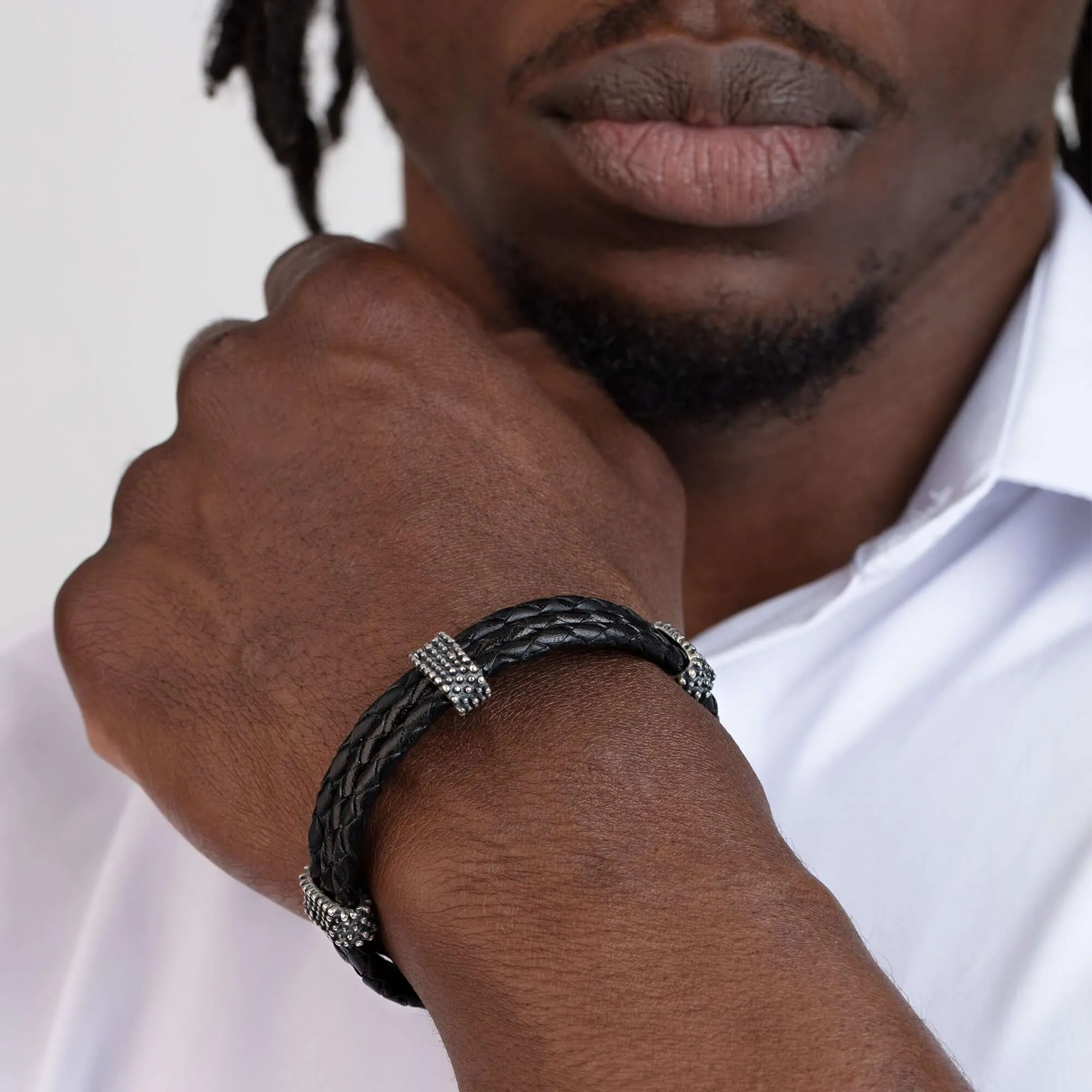 Silver Three Strand Leather Popcorn Bracelet