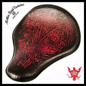 Spring Seat Chopper Bobber Harley Sportster Honda 13x15 Ant Red Tooled Leather